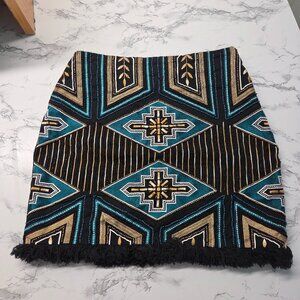 H&M Size 4 Black Teal Gold Beaded Embroidered Raw Tassel Hem Zip Mini Skirt